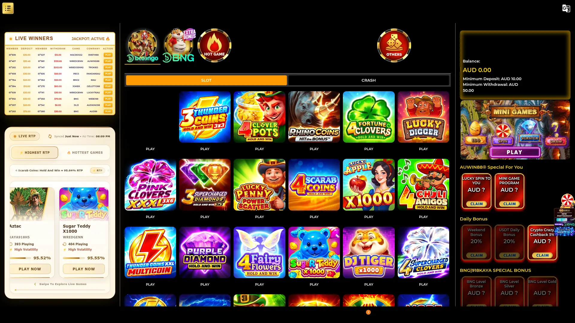 Auwin88 Casino desktop interface with promotional offers and AUD play